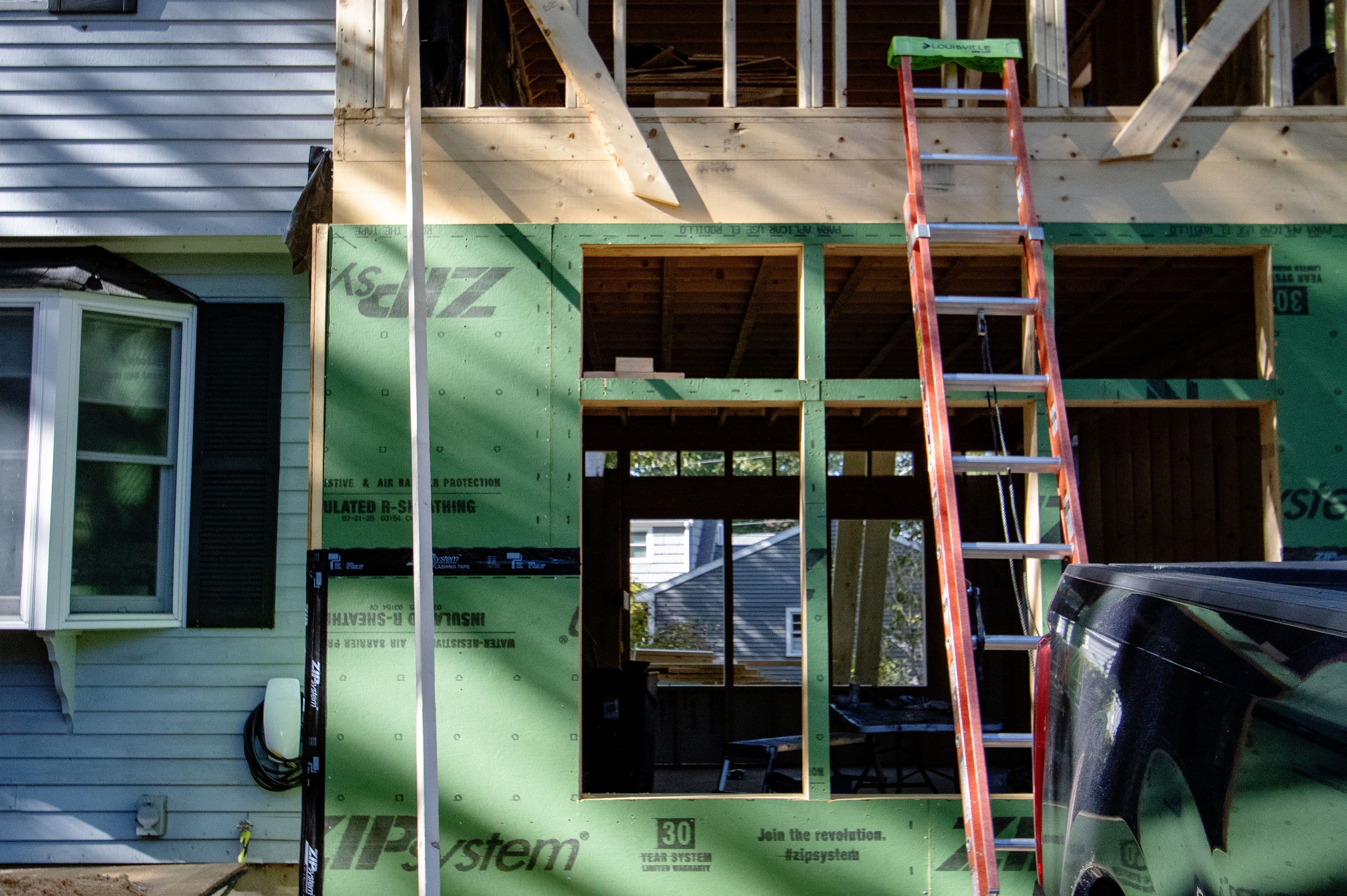 Close-up photo of an addition in progress.