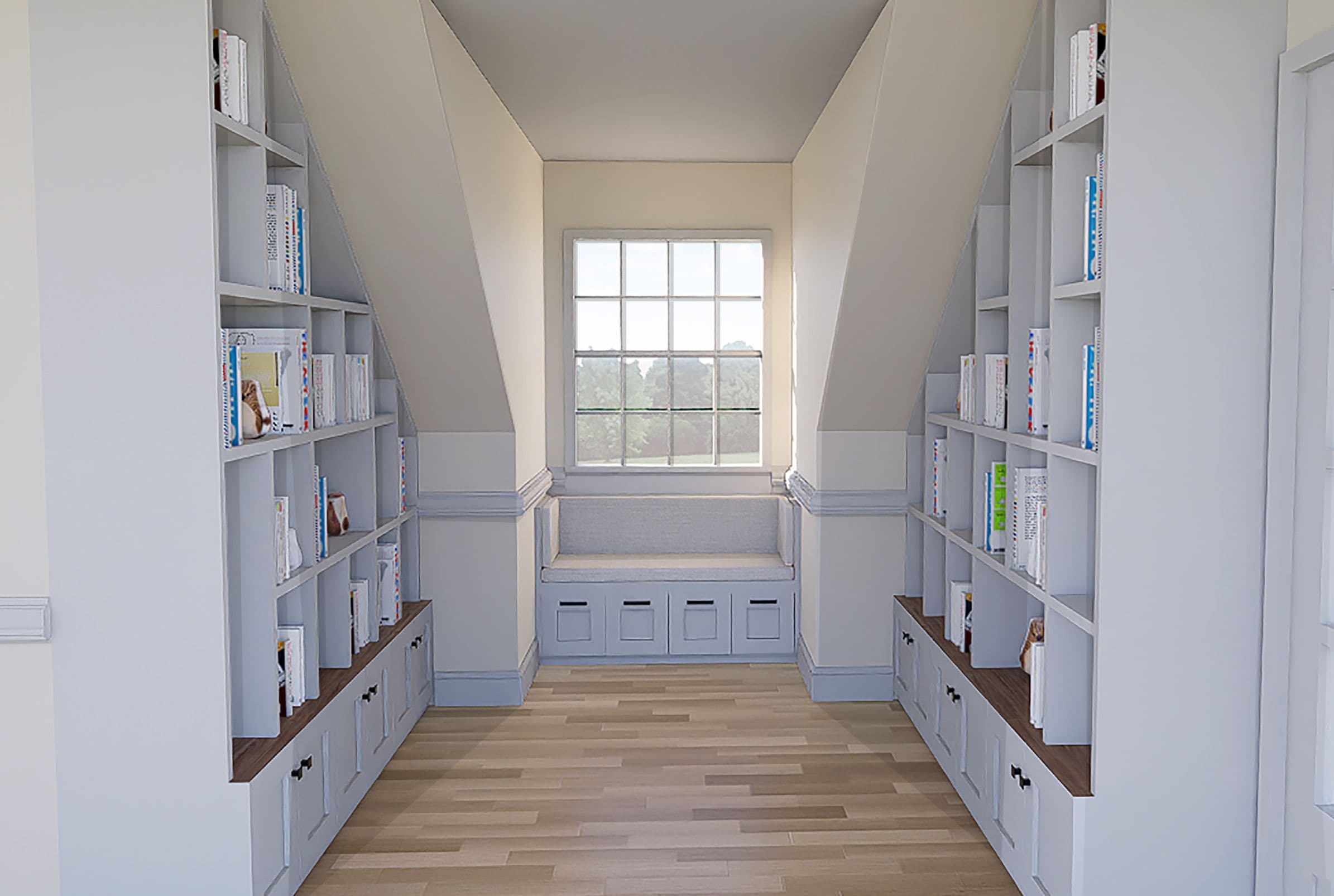 A 3D rendering of a custom millwork reading nook project at a home in Cumberland Foreside.