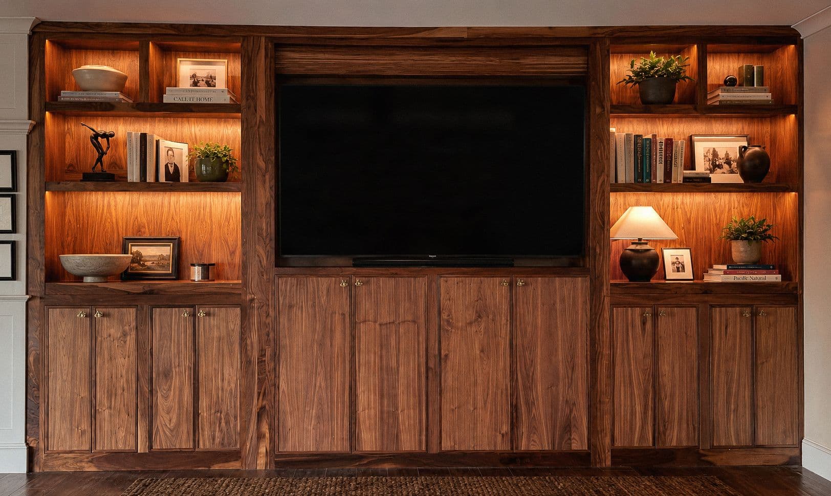 Custom walnut living room media wall built-in by Orion Woodshop for a home in Cape Elizabeth, Maine